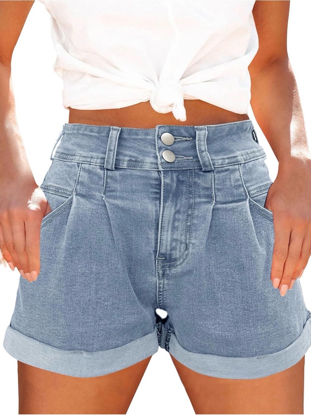Denim High-Rise Rolled Hem Women's Shorts - Light Blue